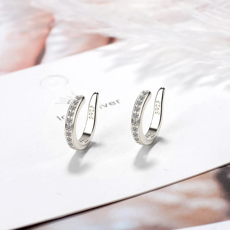 Fashion Fine C Shape Zircon No Hole Corrector Clip Earrings Women Men 925 Sterling Silver Jewelry Punk Rock Rhinestone EarCuff