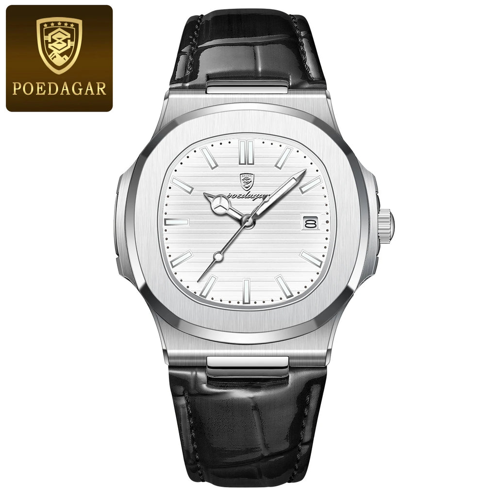 POEDAGAR Luxury Man Wristwatch Waterproof Luminous Date Leather Men's Watches Sports Square Men Watch Casual Quartz Male Clocks